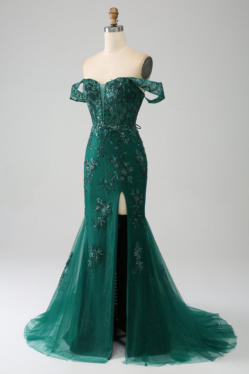 Mermaid Off The Shoulder Dark Green Prom Dress with Appliques