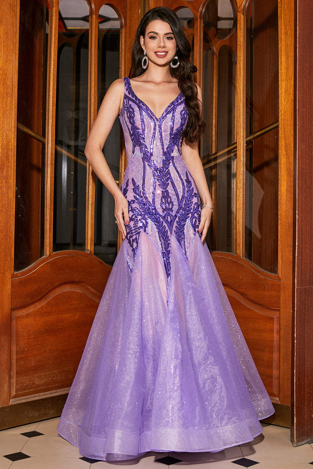 Stunning Mermaid V Neck Purple Sequins Long Prom Dress with Open Back