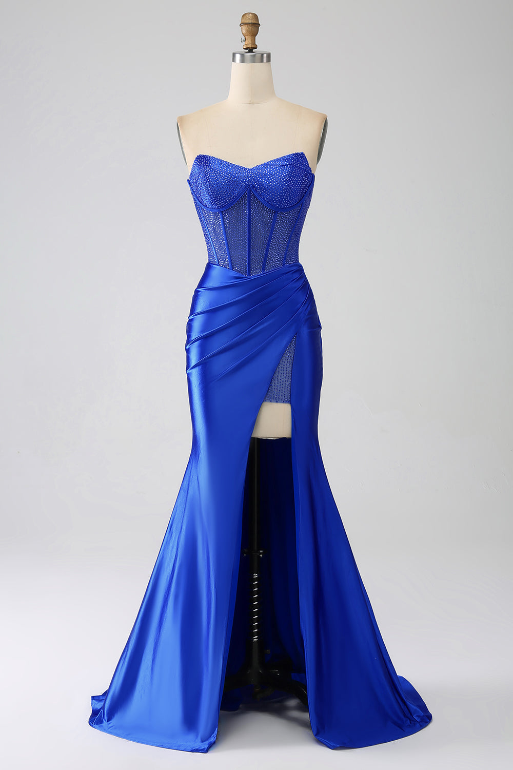 Mermaid Strapless Royal Blue Corset Prom Dress with Beading