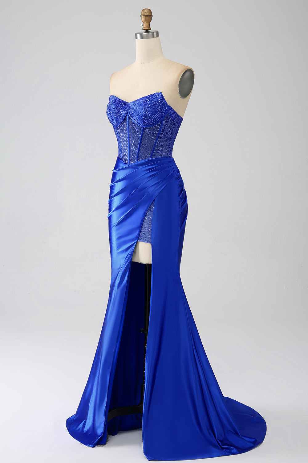 Mermaid Strapless Royal Blue Corset Prom Dress with Beading