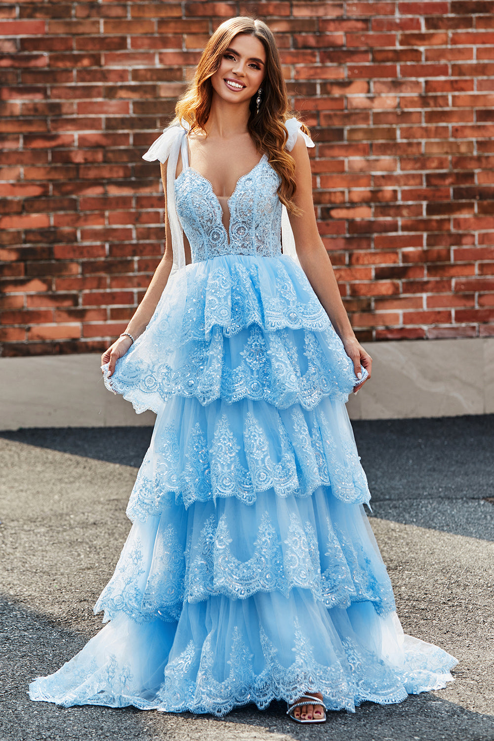 Tiered Tulle Sweetheart Bow Tie Straps Blue Sequin Prom Dress with Appliques