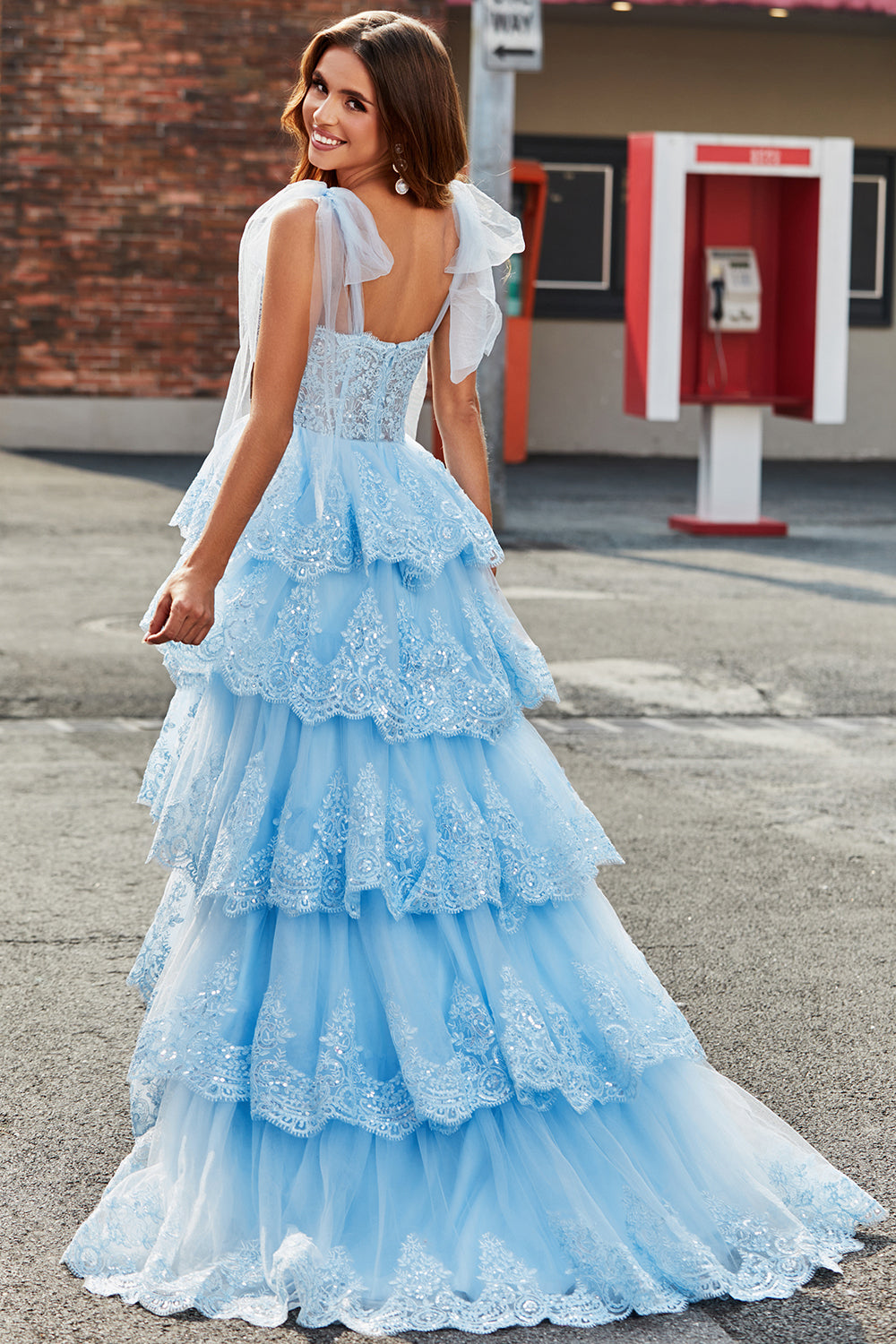 Tiered Tulle Sweetheart Bow Tie Straps Blue Sequin Prom Dress with Appliques