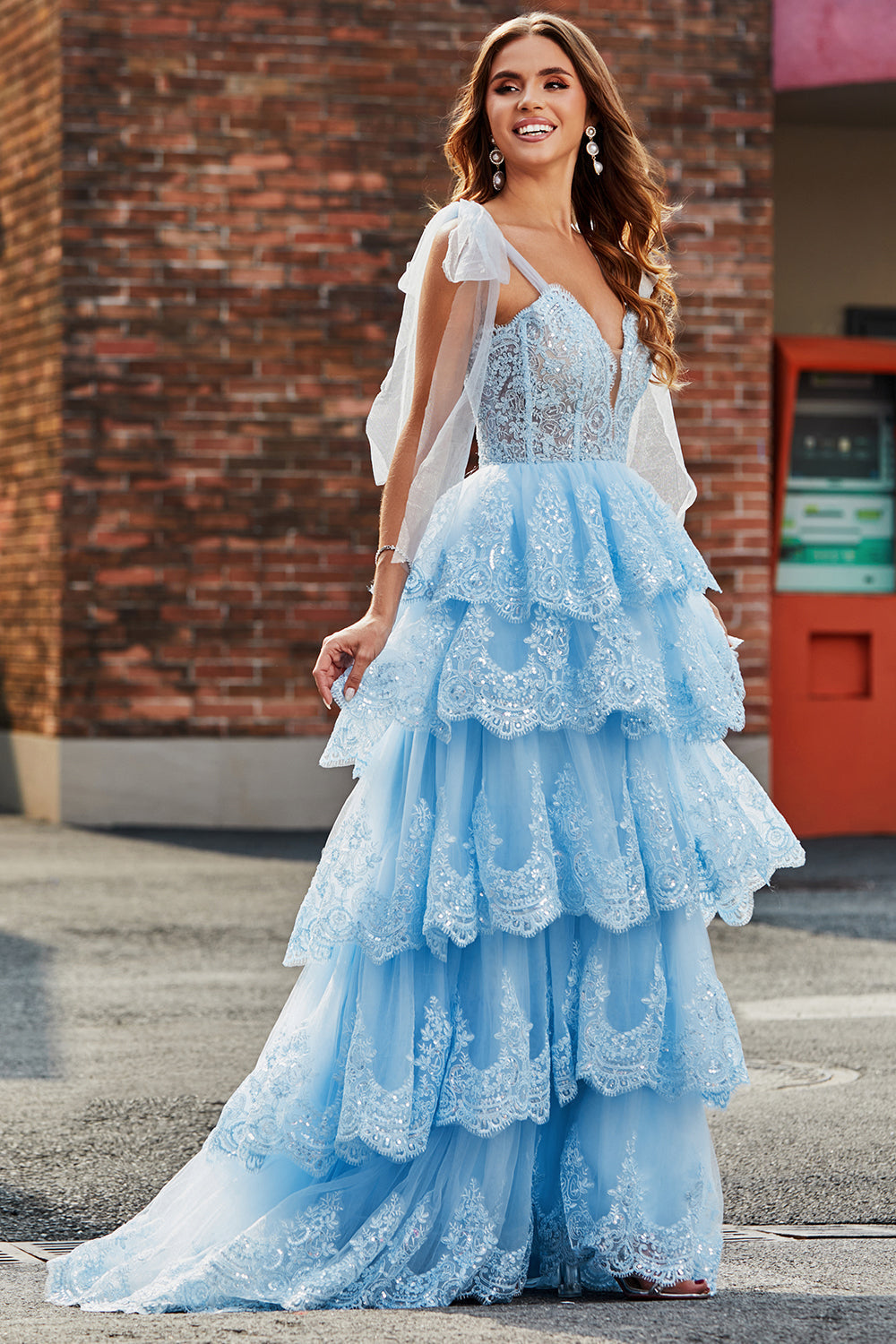 Tiered Tulle Sweetheart Bow Tie Straps Blue Sequin Prom Dress with Appliques