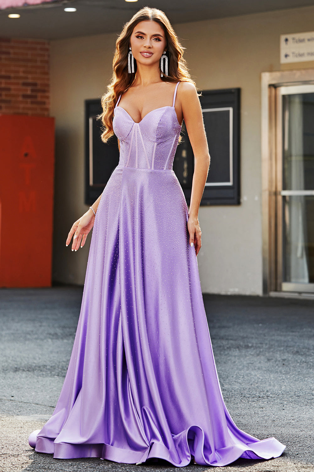 Sparkly Lilac A-Line Corset Prom Dresses with Rhinestones