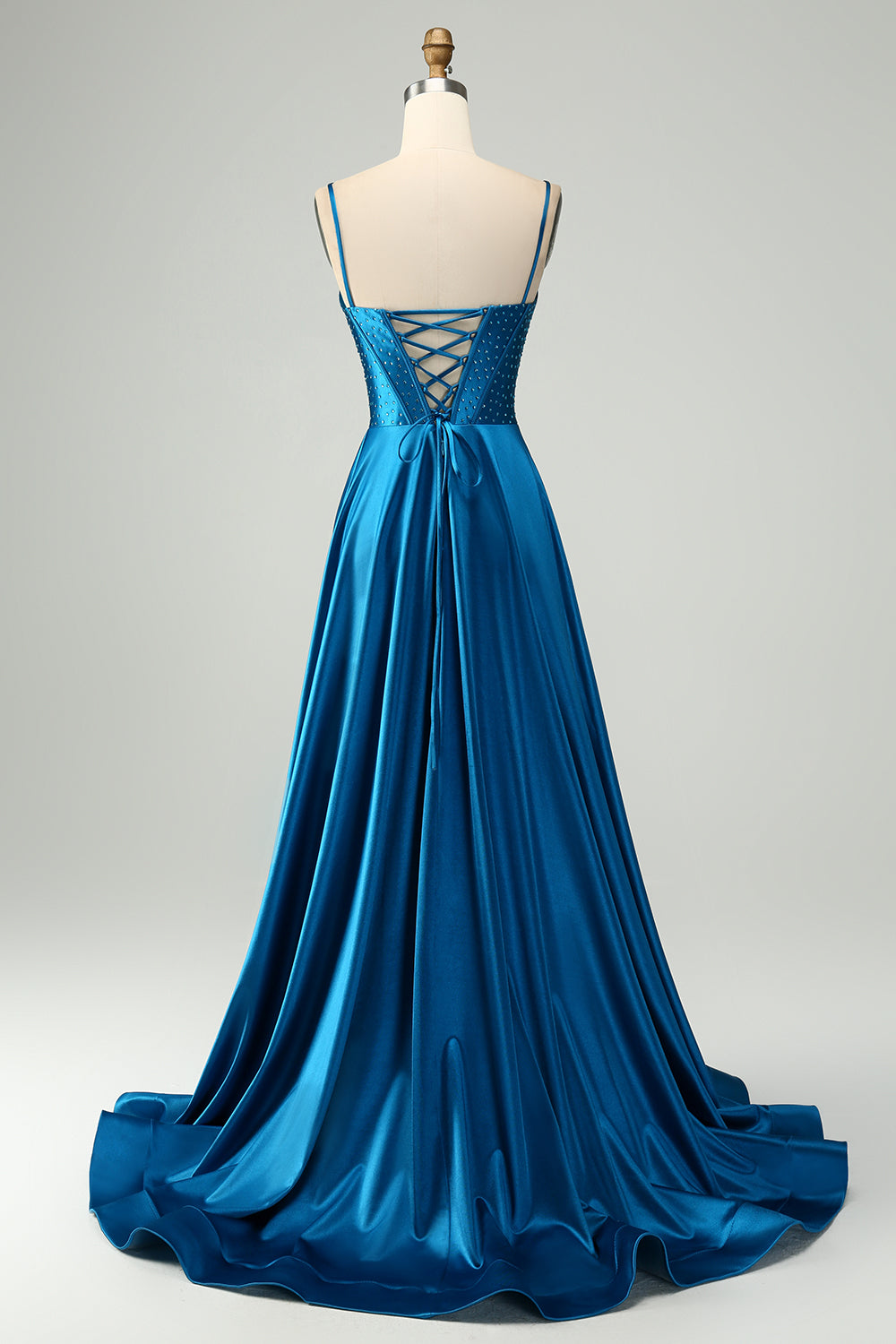 Sparkly Dark Blue A Line Pleated Corset Beaded Long Prom Dress With Slit