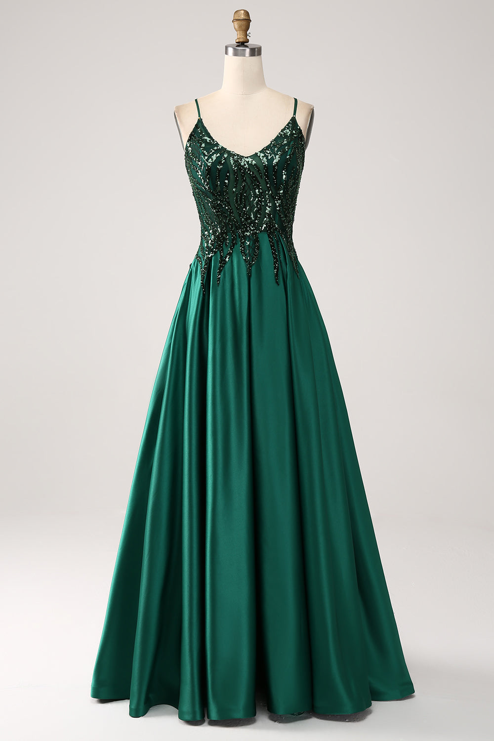 Sparkly Dark Green A-Line Spaghetti Straps Long Prom Dress with Pockets