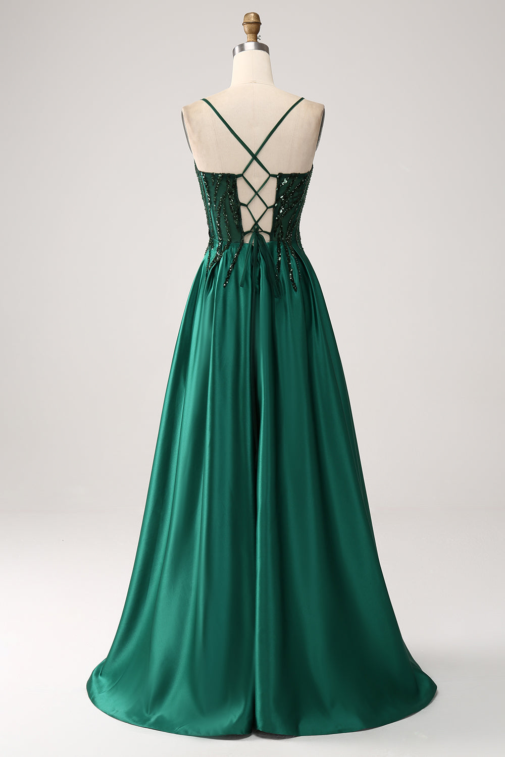 Sparkly Dark Green A-Line Spaghetti Straps Long Prom Dress with Pockets