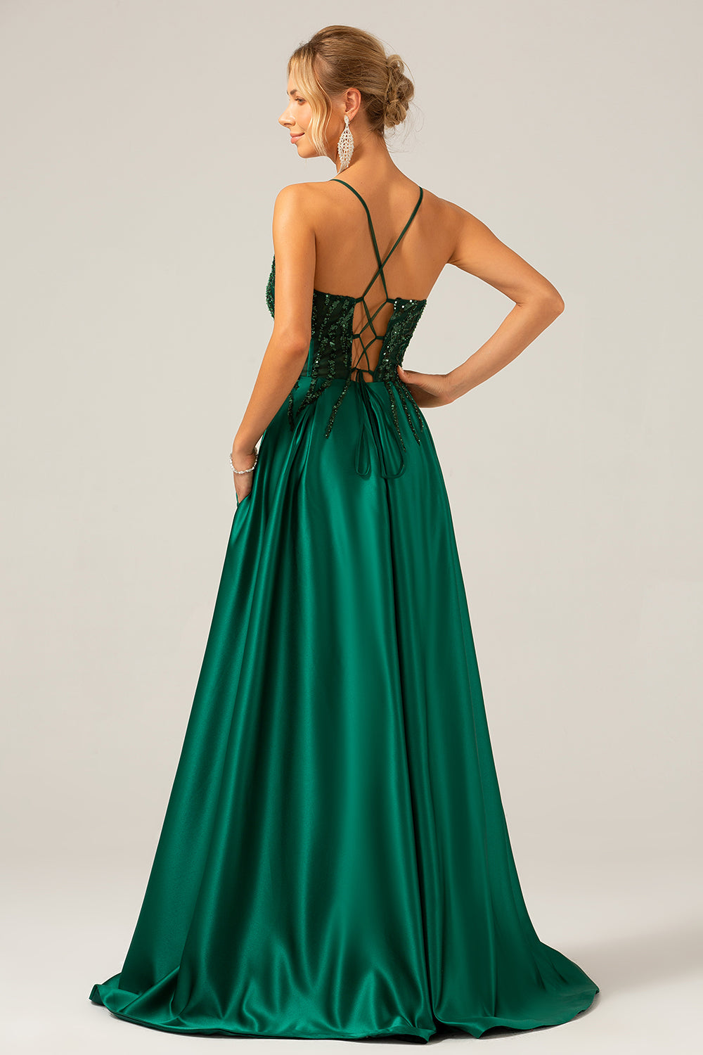 Sparkly Dark Green A-Line Spaghetti Straps Long Prom Dress with Pockets