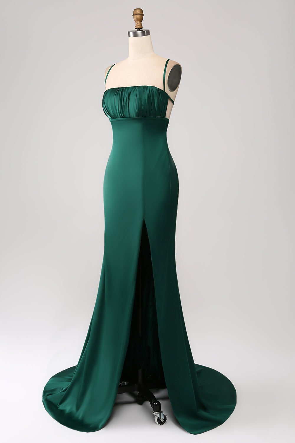 Dark Green Mermaid Spaghetti Straps Satin Prom Dress with Pleated