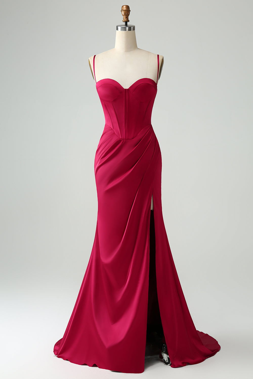 Burgundy Mermaid Spaghetti Straps Corset Long Prom Dress with Slit