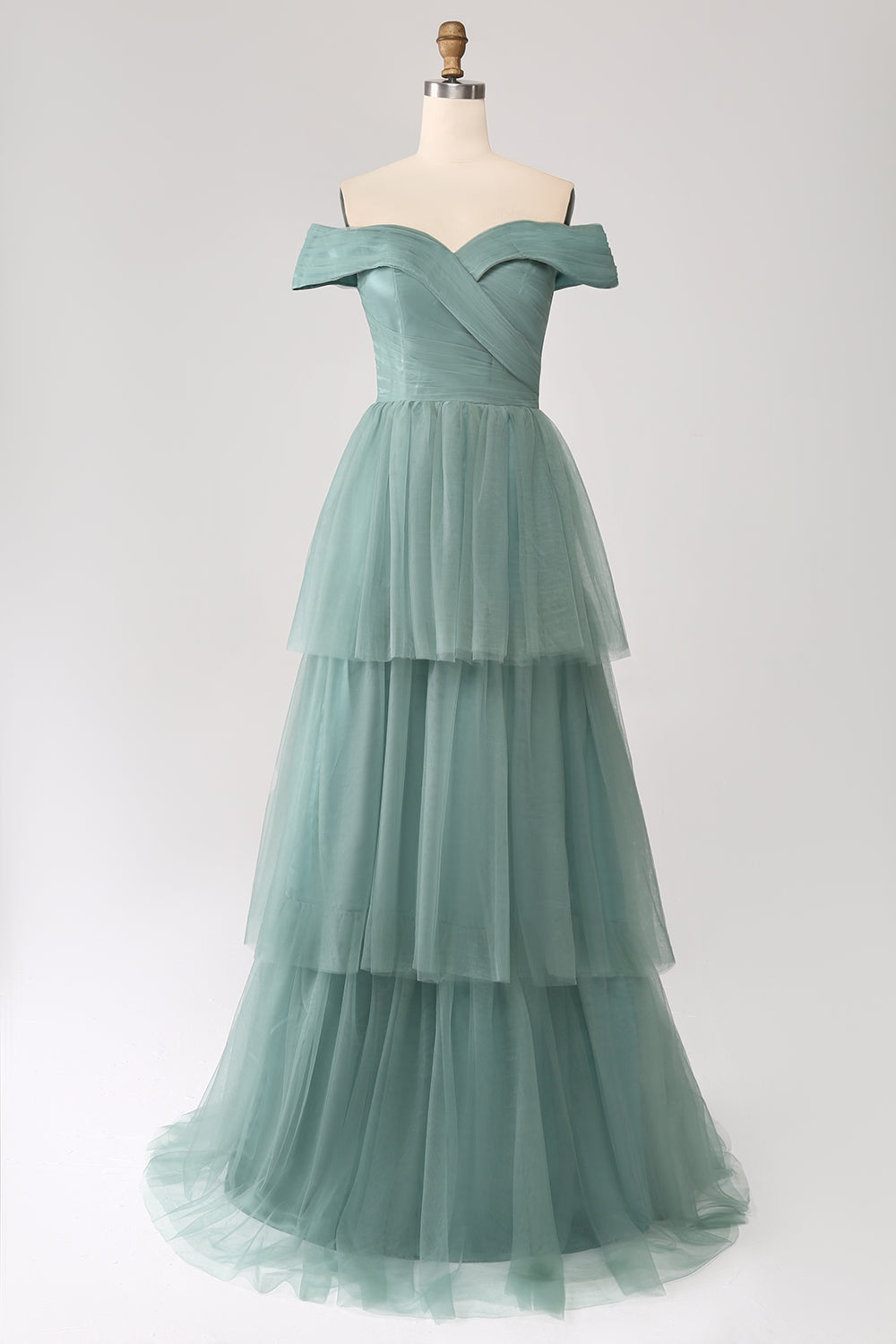 Grey Green A Line Off the Shoulder Tiered Tulle Prom Dress