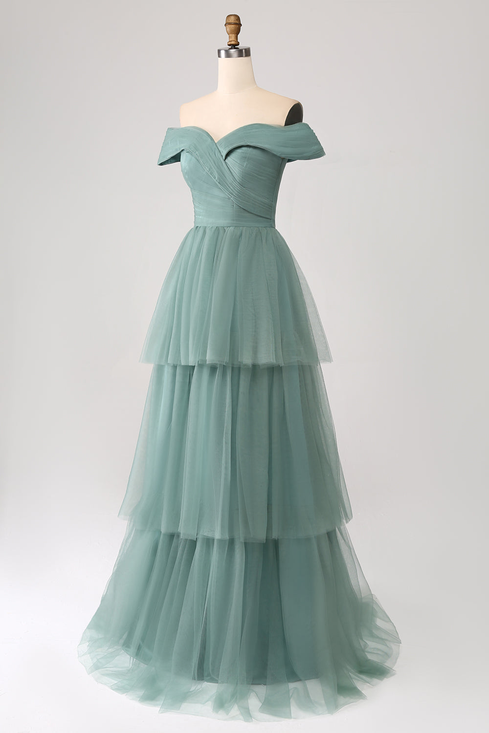 Grey Green A Line Off the Shoulder Tiered Tulle Prom Dress