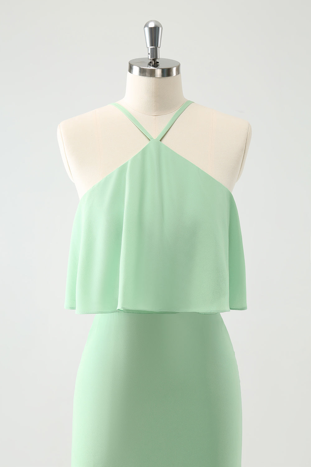 Green Tiered Chiffon Mermaid Halter Tiered Wedding Guest Dress