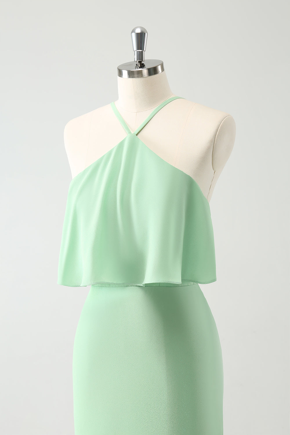 Green Tiered Chiffon Mermaid Halter Tiered Wedding Guest Dress