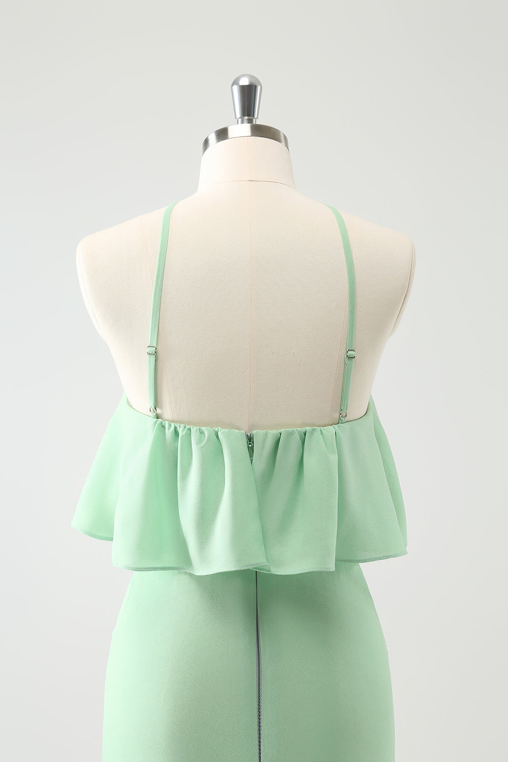 Green Tiered Chiffon Mermaid Halter Tiered Wedding Guest Dress