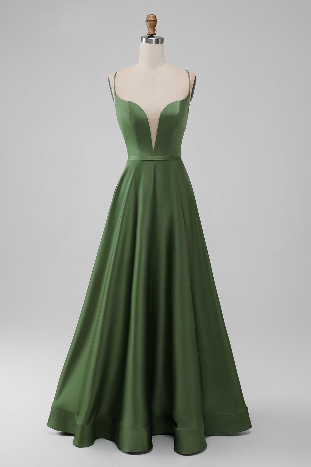 Green A Line Spaghetti Straps Satin Long Bridesmaid Dress