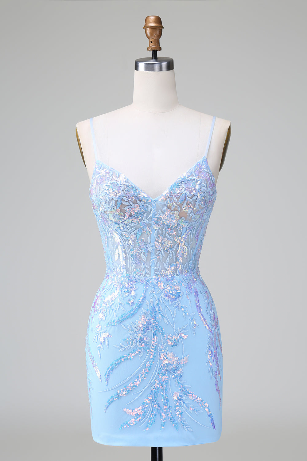 Sparkly Lilac Blue Corset Open Back Sequins Short Homecoming Dress with Embroidery