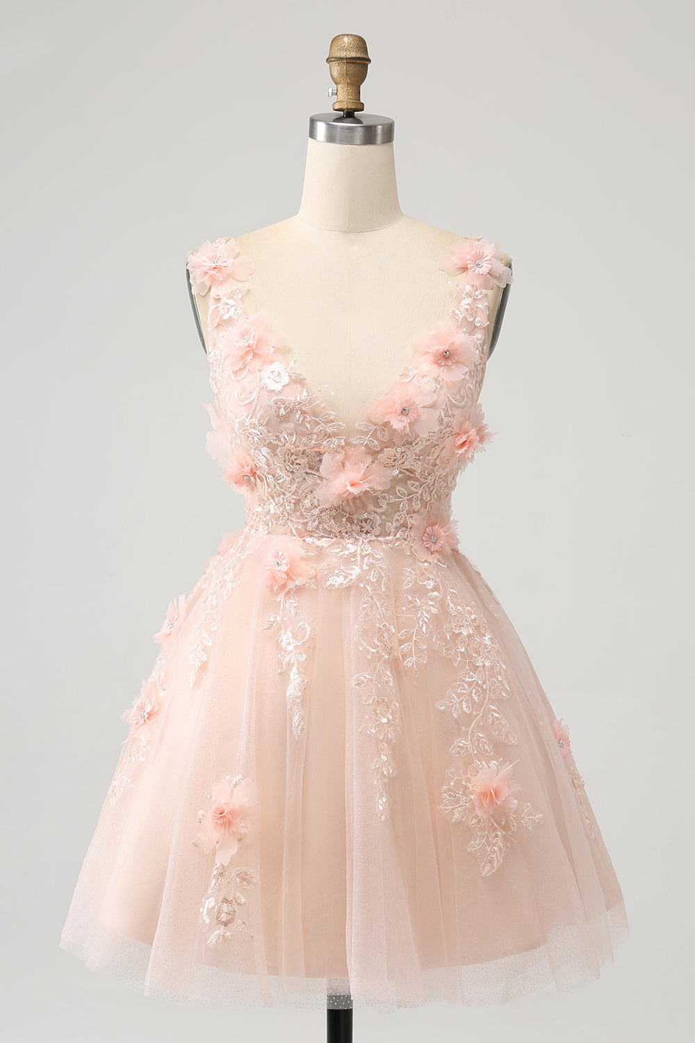 Sparkly Blush A Line V Neck Sequin Short Homecoming Dress with 3D Flowers