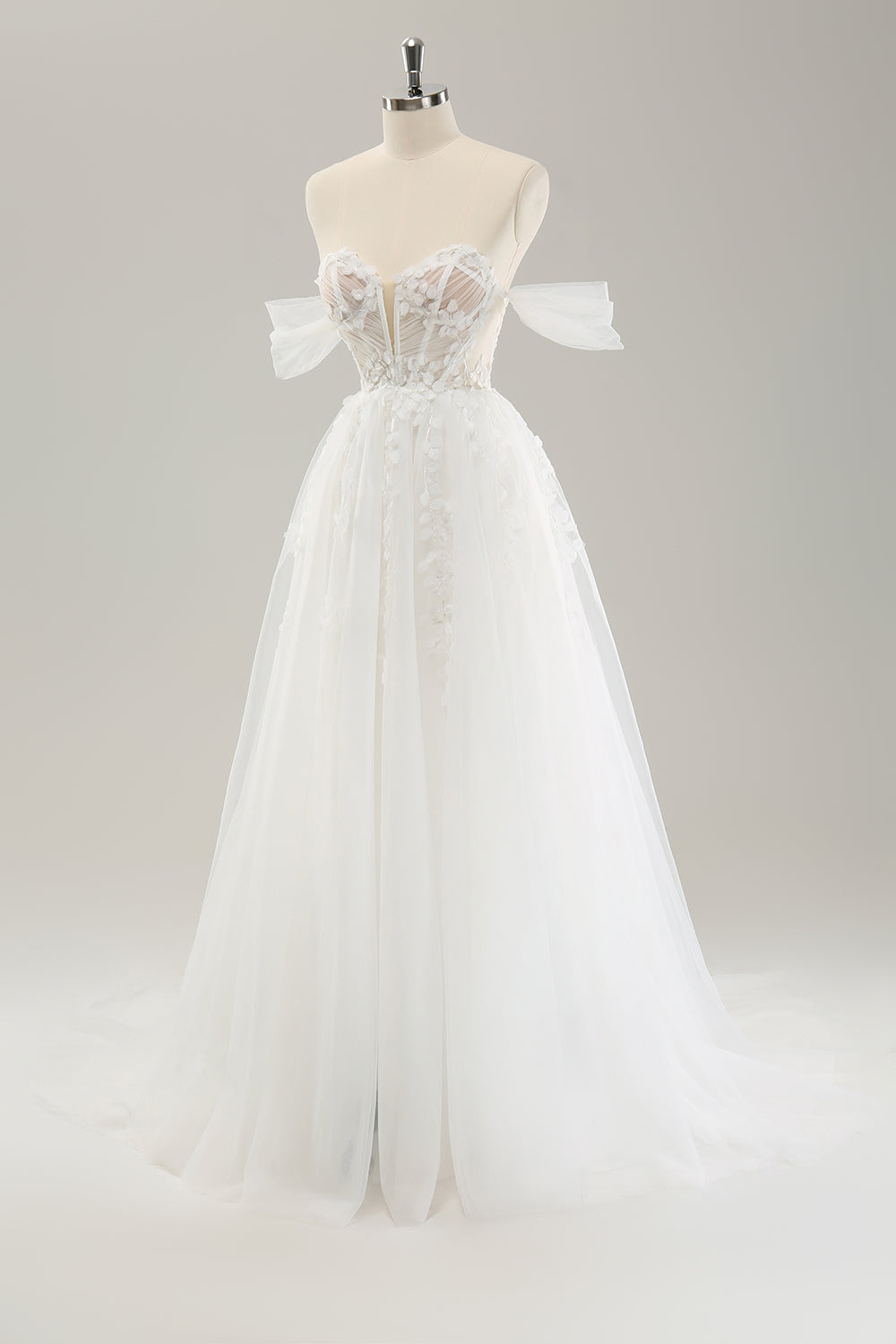 Princess Off The Shoulder Sweep Train Tulle Corset Wedding Dress with Appliques