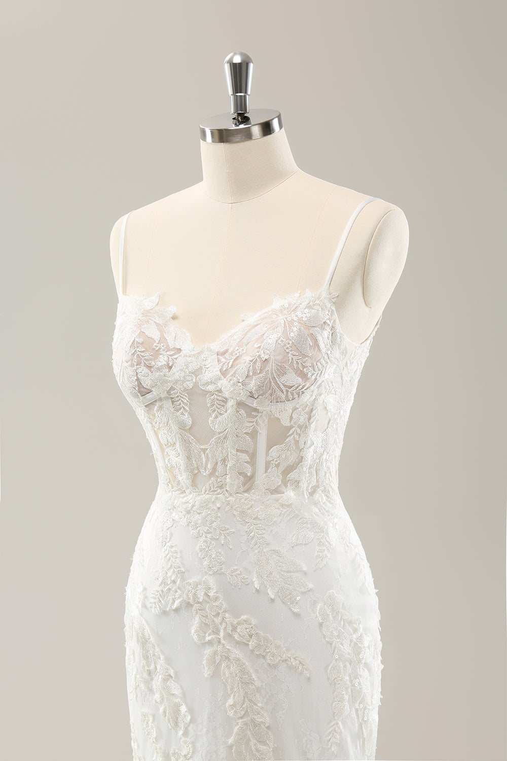 White Mermaid Spaghetti Straps Applique Lace Corset Wedding Dress with Lace-up Back