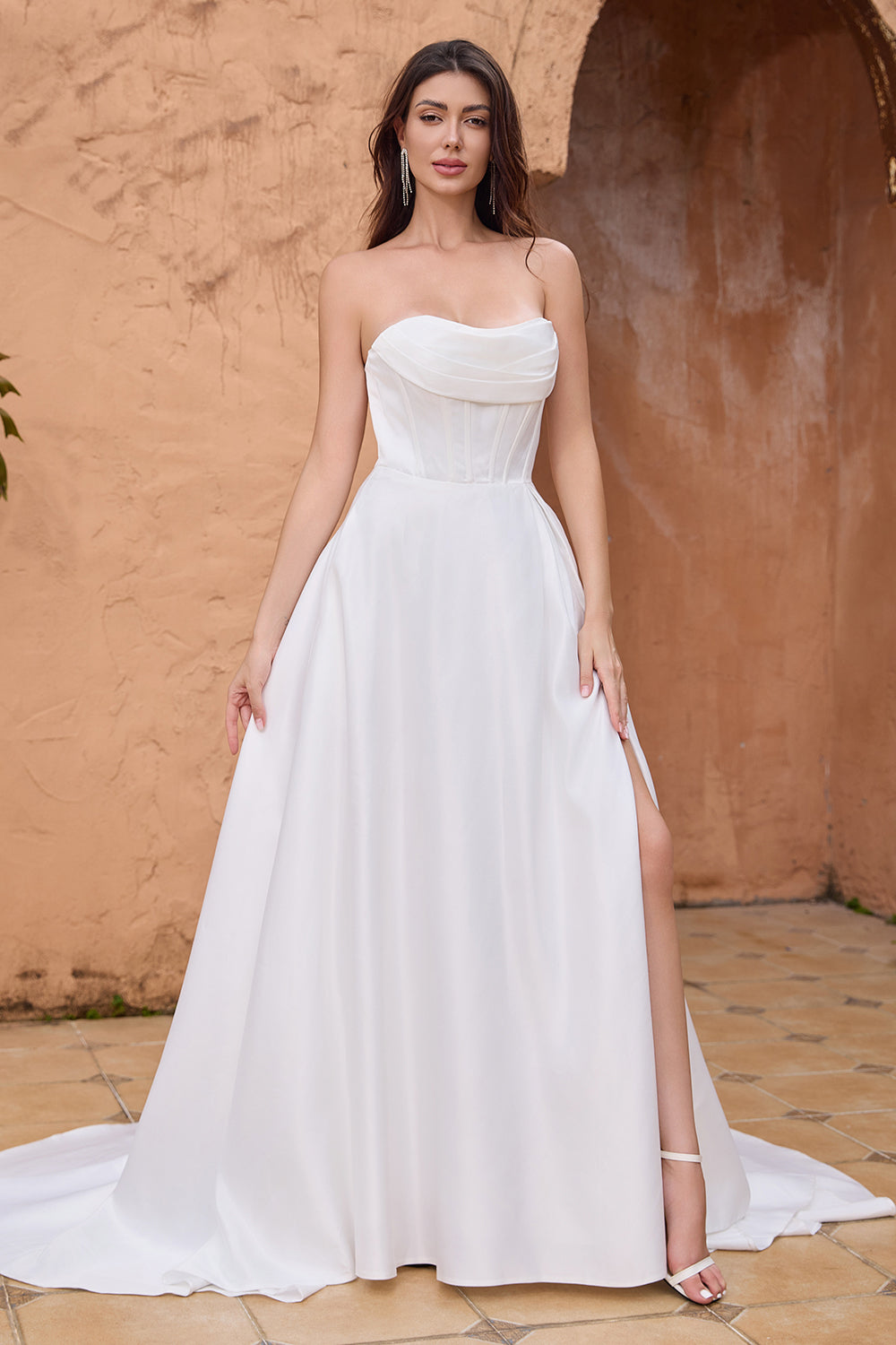 Elegant A Line Strapless Pleated Sweep Train White Wedding Dress With Slit