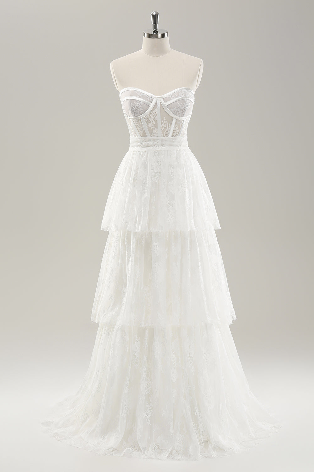 Elegant White Strapless Corset Tiered Long Wedding Dress with Lace