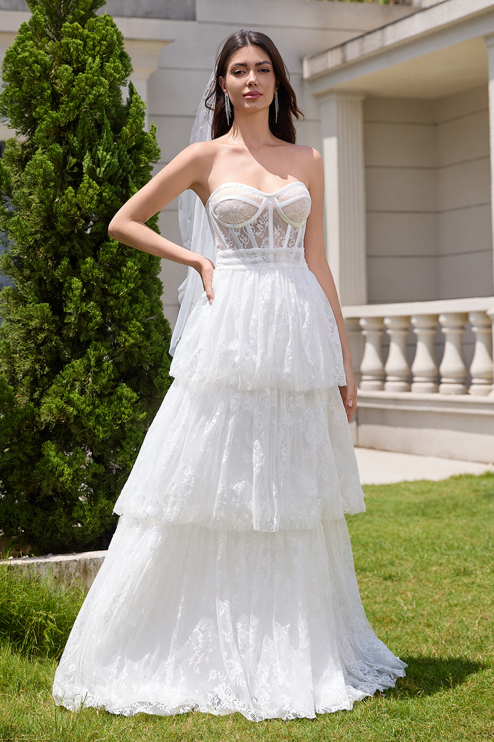 Elegant White Strapless Corset Tiered Long Bridal Party Dress with Lace