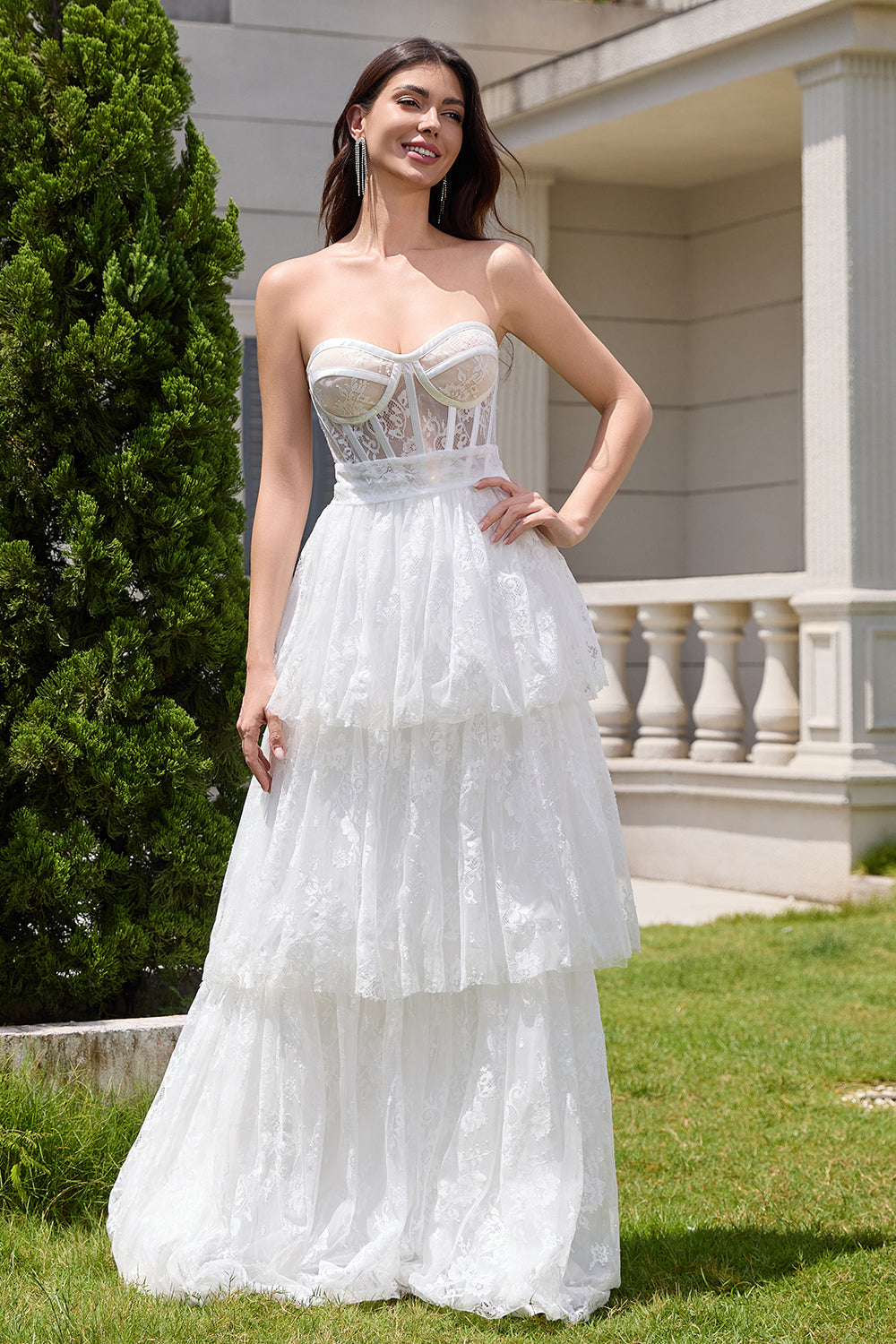 Elegant White Strapless Corset Tiered Long Wedding Dress with Lace