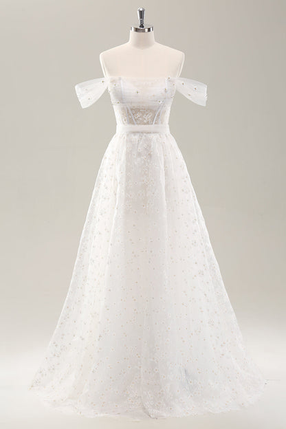 White A Line Off the Shoulder Corset Wedding Dress with Lace Up Back