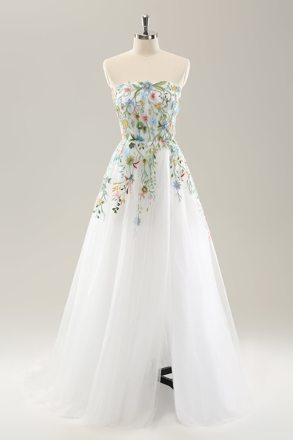 White A Line Strapless 3D Flowers Tulle Wedding Dress with Slit