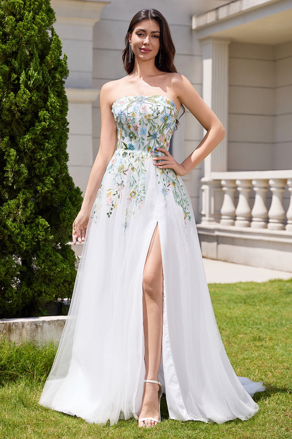 White A Line Strapless Tulle Long Slit Wedding Dress with 3D Flowers