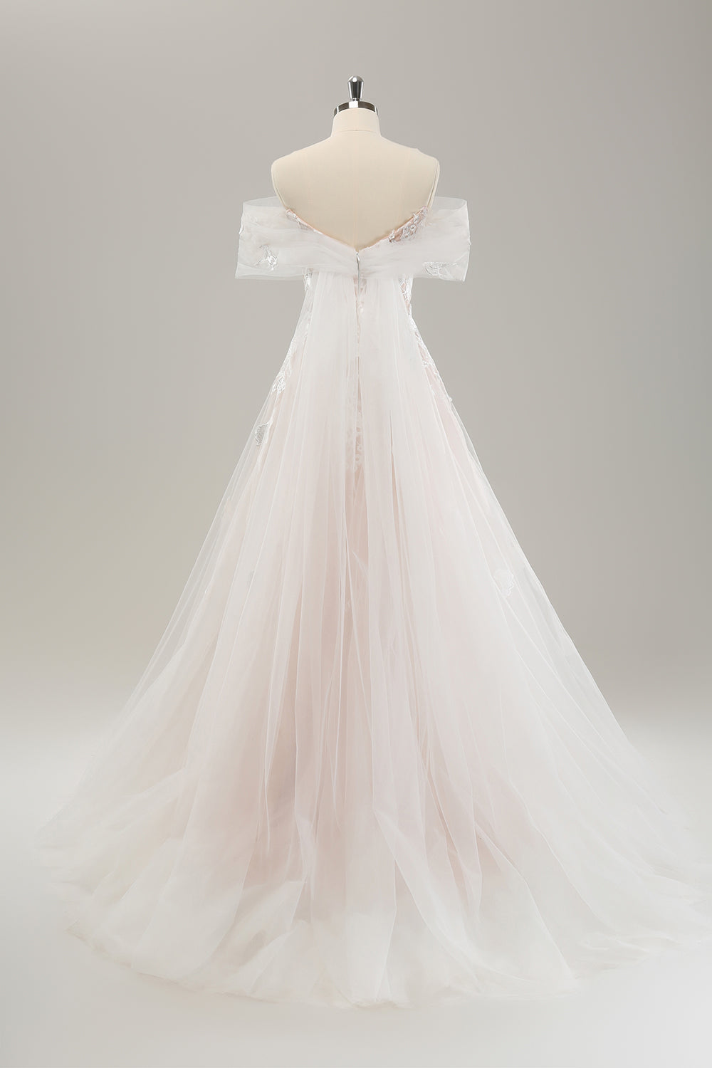 White A Line Off the Shoulder Tulle Bridal Dress with Embroidery