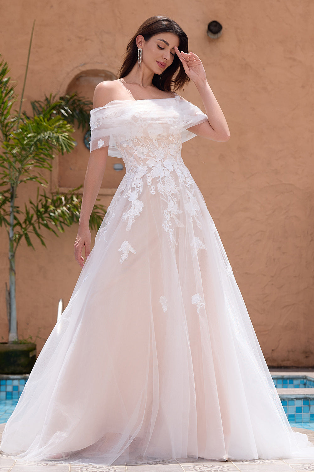 White A Line Off the Shoulder Tulle Lace Bridal Party Dress with Embroidery