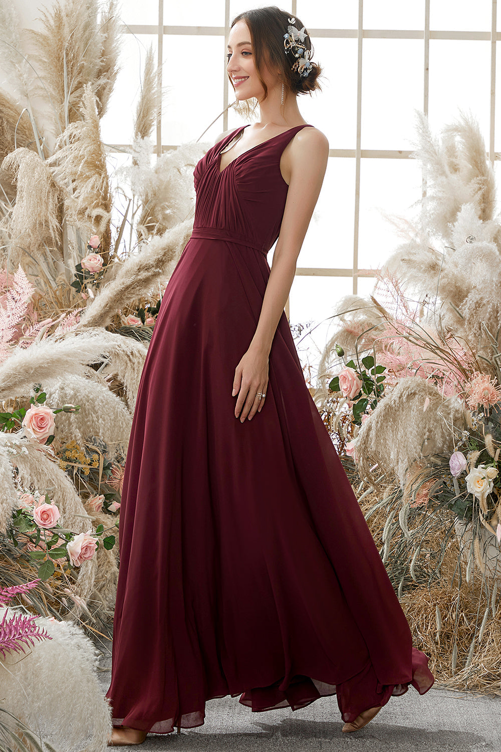 Burgundy V Neck Chiffon Prom Dress