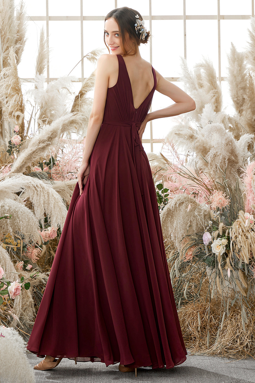 Burgundy V Neck Chiffon Prom Dress