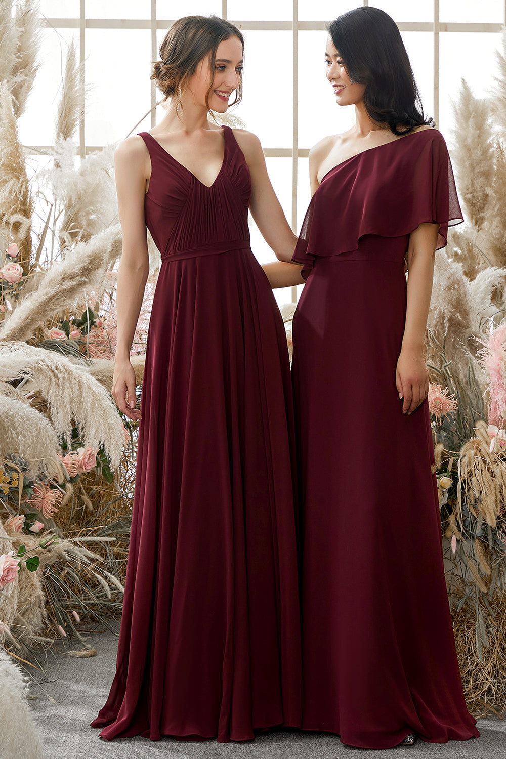 Burgundy V Neck Chiffon Prom Dress