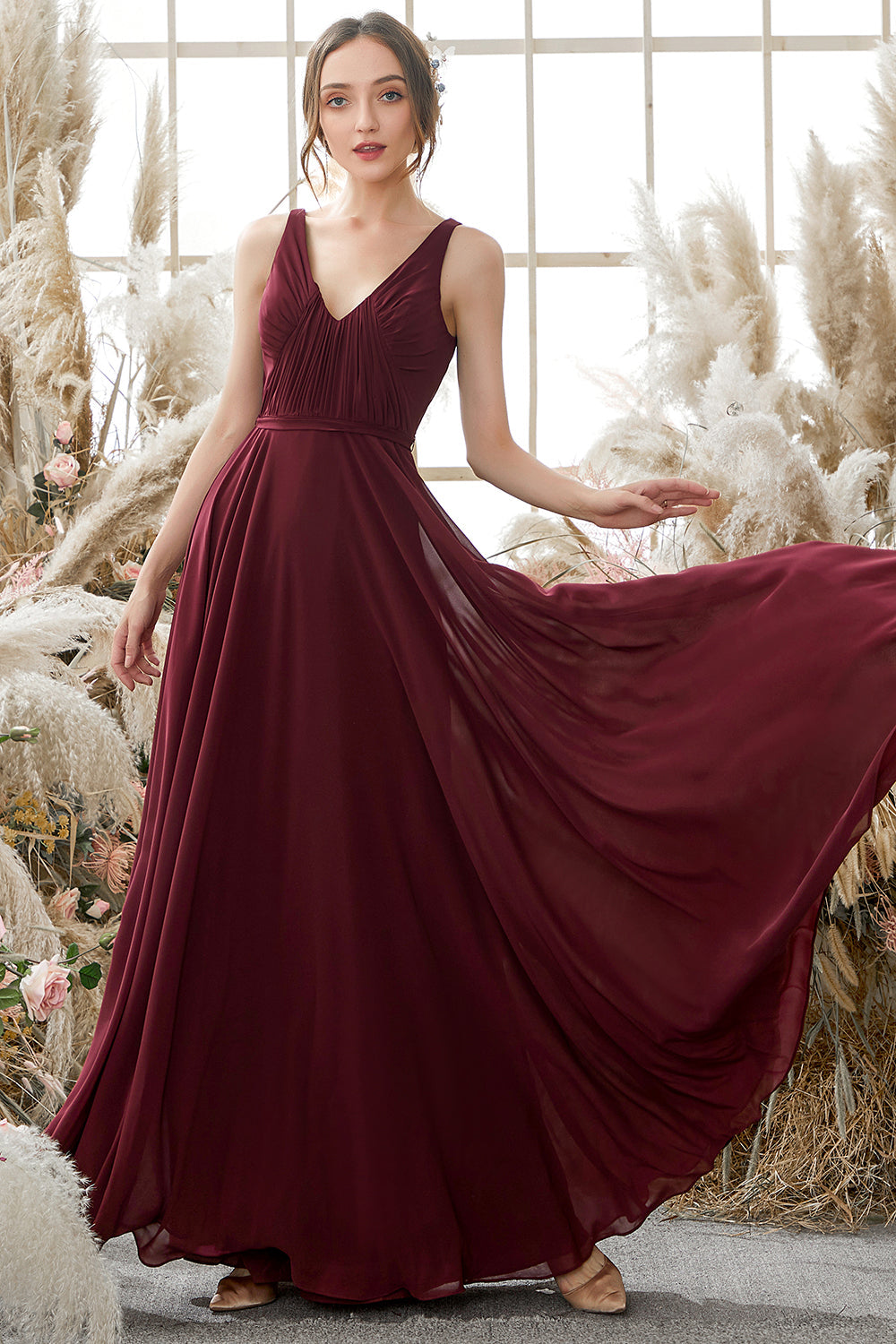 Burgundy V Neck Chiffon Bridesmaid Dress