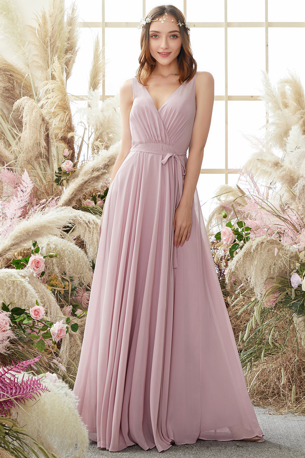 Blush V Neck Long Chiffon Bridesmaid Dress