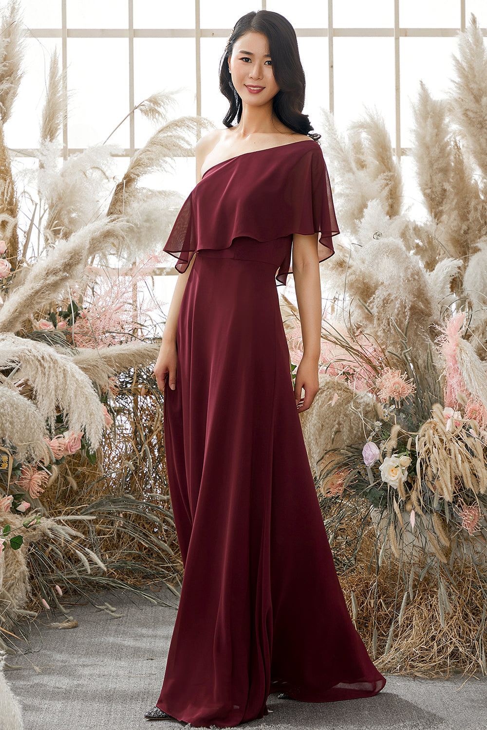 One Shoulder Burgundy Chiffon Bridesmaid Dress