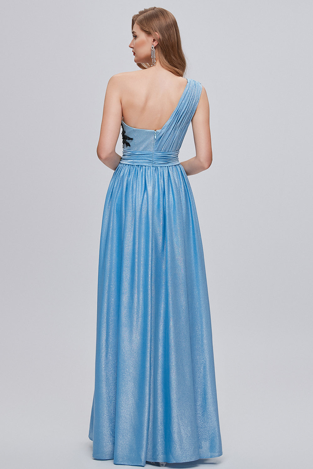 Blue One Shoulder Ruched Long Prom Dress with Appliques