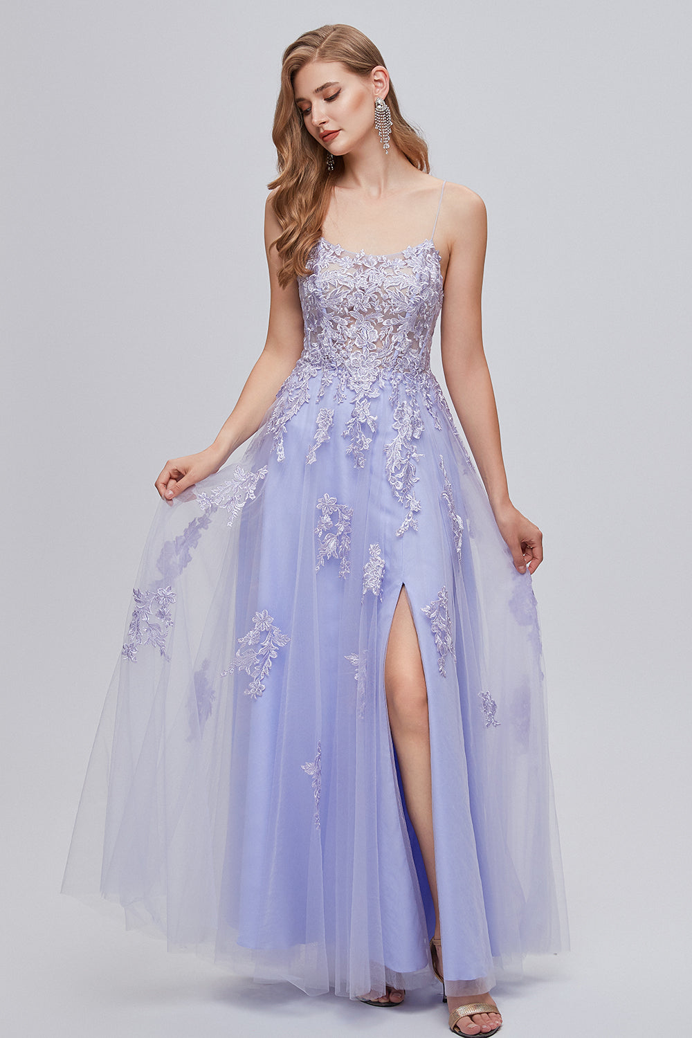 Lavender Spaghetti Straps Appliques Long Prom Dress with Slit