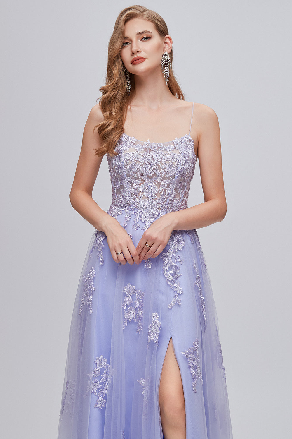 Lavender Spaghetti Straps Appliques Long Prom Dress with Slit