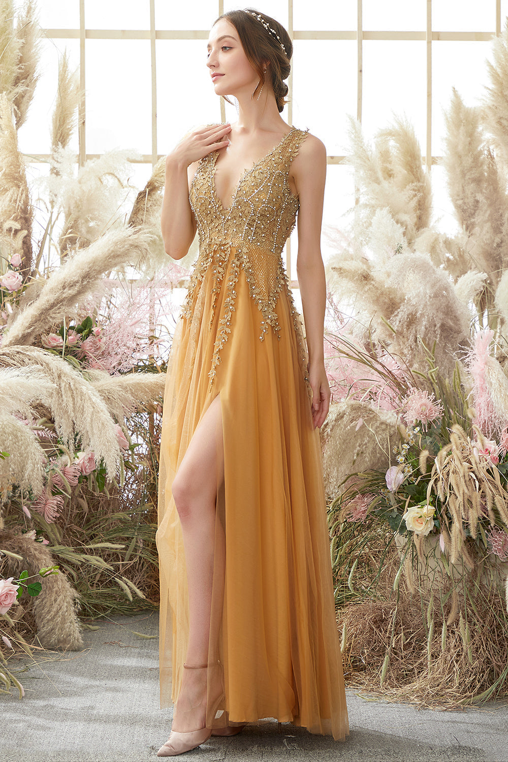 Deep V-neck Long Prom Dress with Appliques