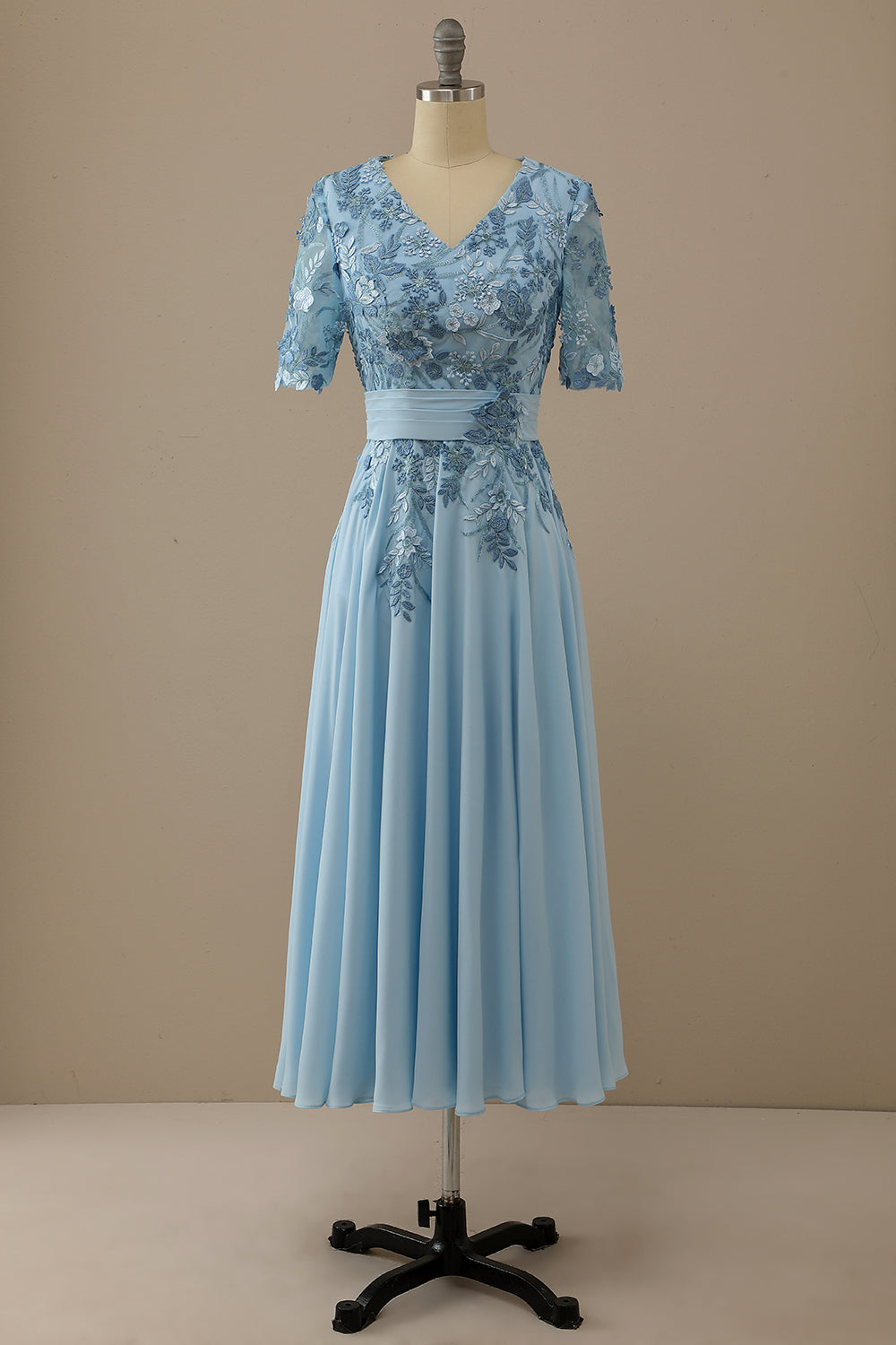 V Neck Blue Mother of Bride Dress with Appliques