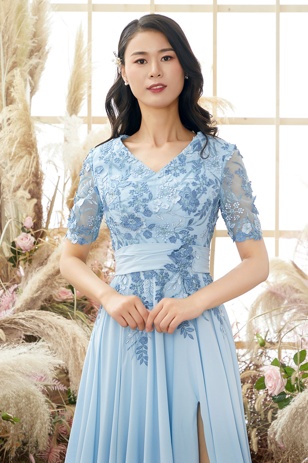 V Neck Blue Mother of Bride Dress with Appliques