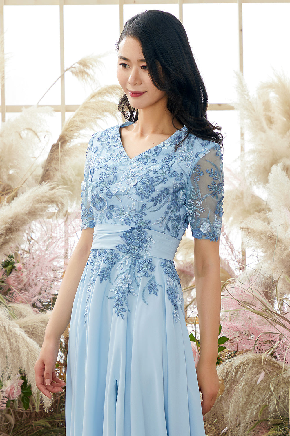 V Neck Blue Mother of Bride Dress with Appliques