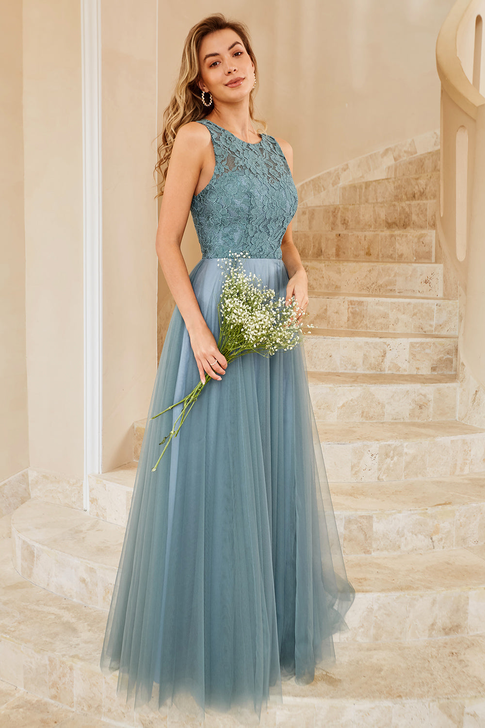 Grey Blue Tulle Bridesmaid Dress with Lace