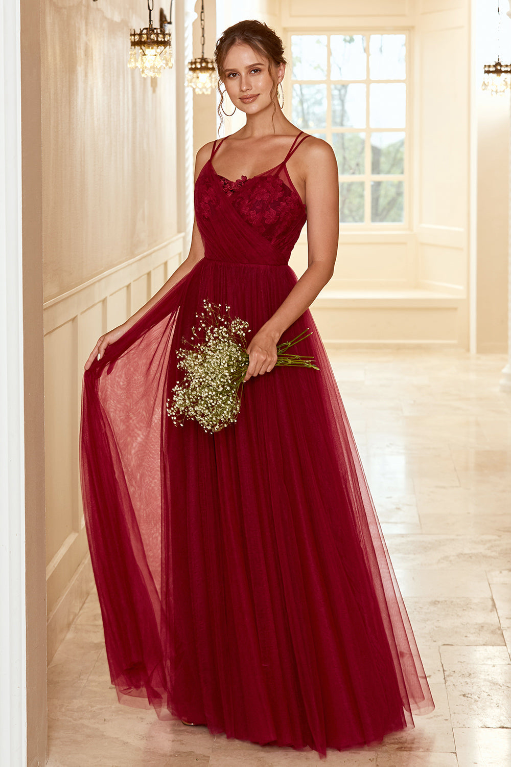 Burgundy Long Bridesmaid Dress with Lace