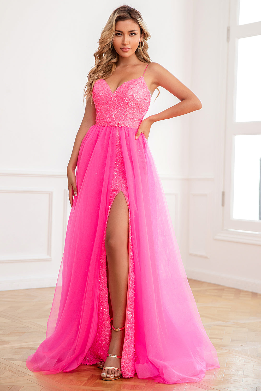 Two Piece Spaghetti Straps Fuchsia Prom Dress with Split Front