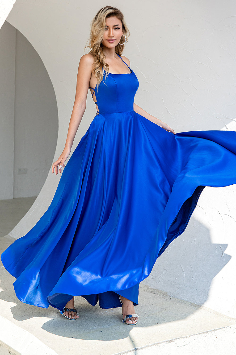 Royal Blue Backless Satin Prom Dress